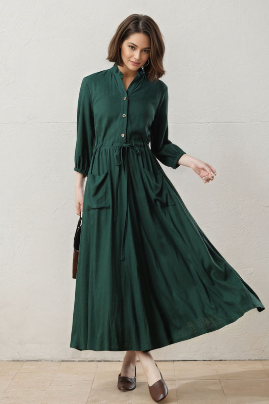 Green Linen Maxi Dress: Button Up Long Sleeve Dress with Drawstring Waist, Ylistyle C5401