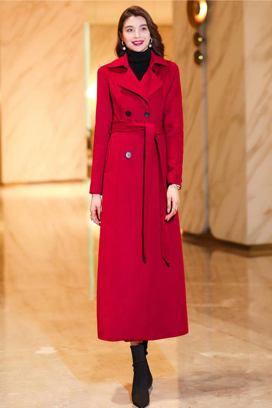 Women's Medium-length Red wool coat C3774