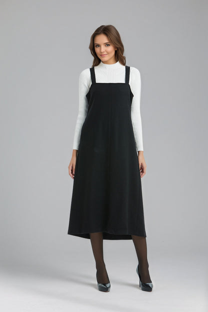 Long Sleeveless Black Wool Pinafore Dress C5141