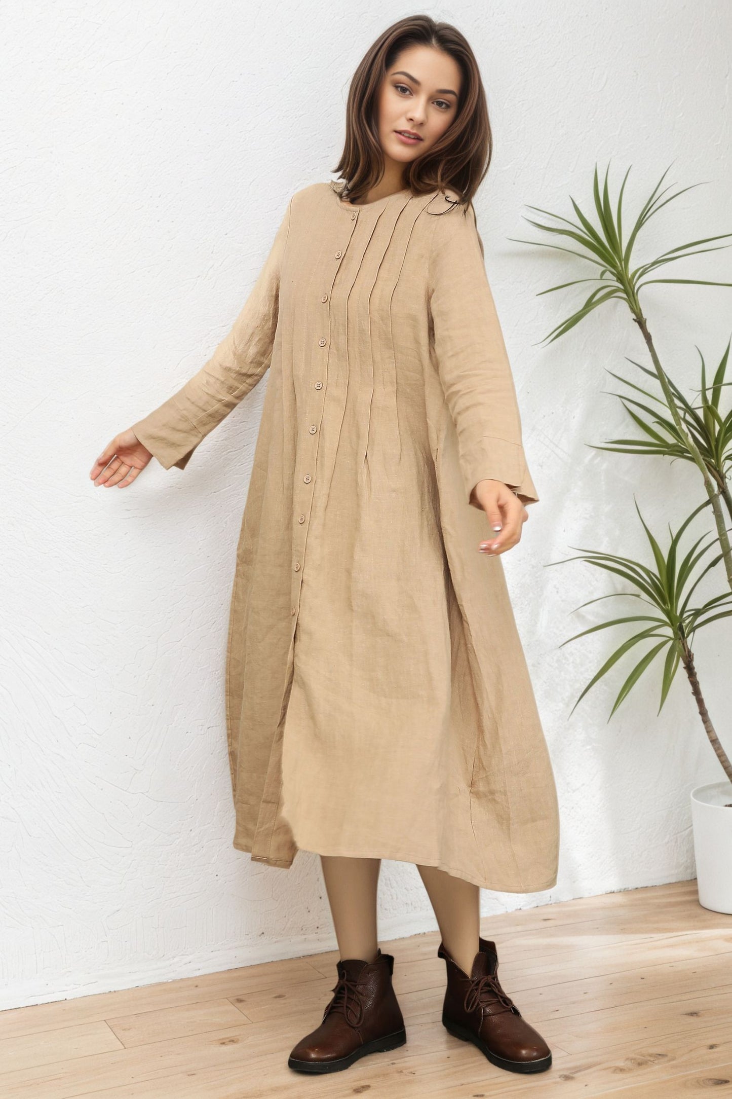 Loose Crew Linen Shirt Dress C5391
