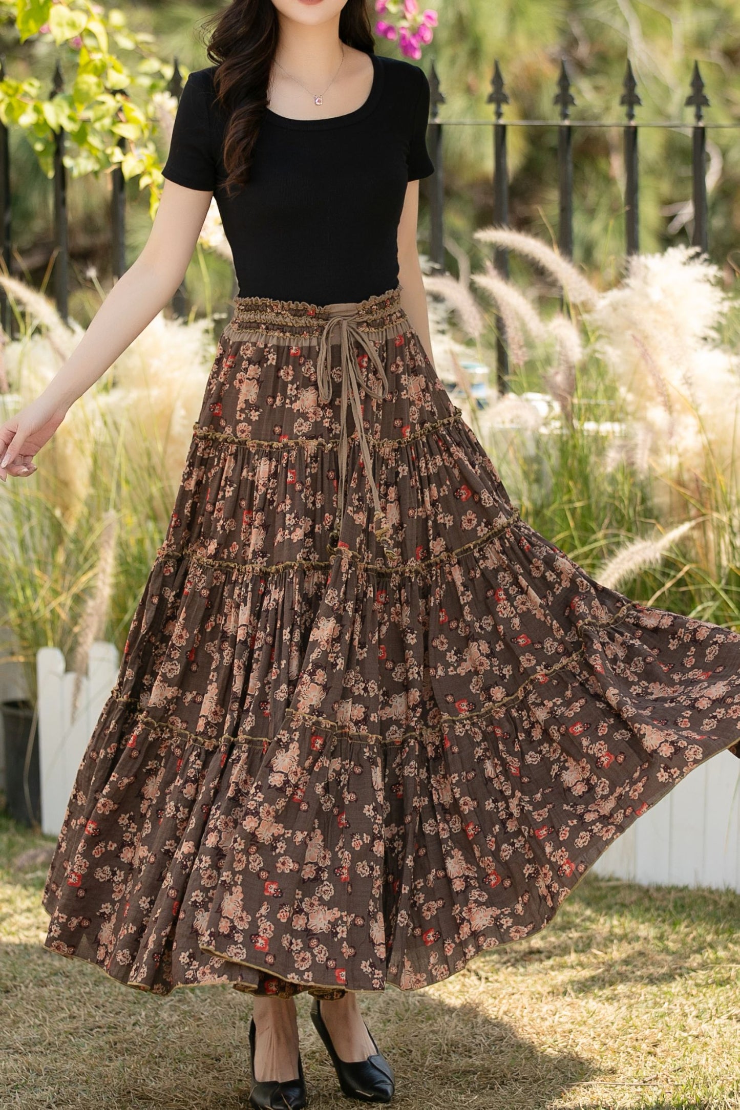 Brown Cotton Maxi Skirt - Floral Print, High Waisted Pleated c5440