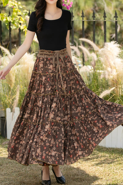 Brown Cotton Maxi Skirt - Floral Print, High Waisted Pleated c5440