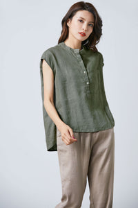 Army green linen sleeveless top C1702