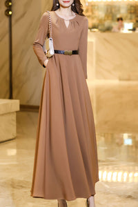 khaki waisted long spring and autumn dress C4183