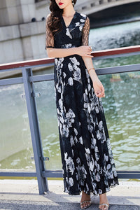 Summer black chiffon floral dress women C4114