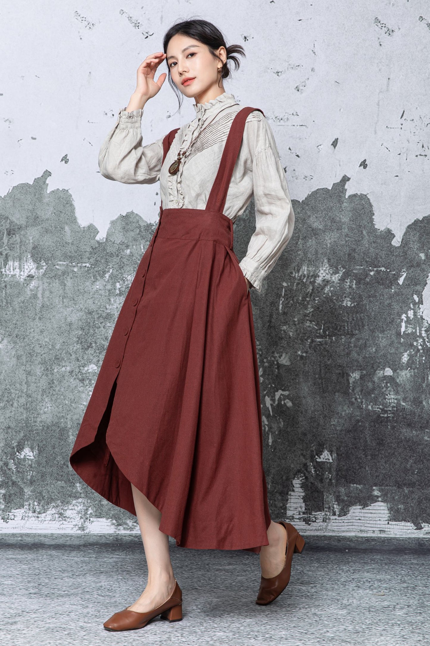 Rust Linen Midi Pinafore Dress - Asymmetric Hem with Pockets c5464