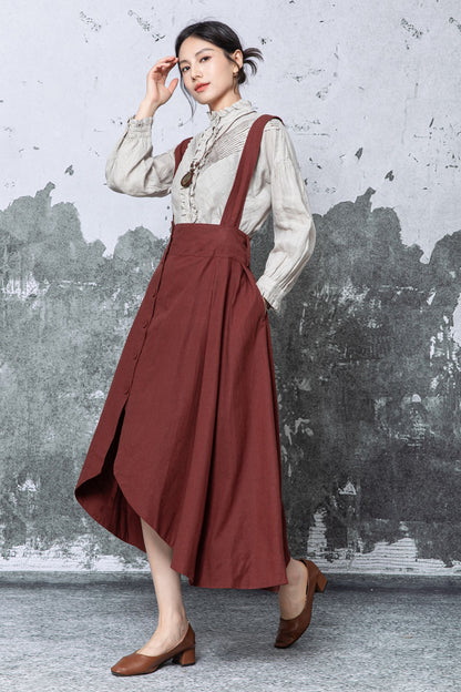 Rust Linen Midi Pinafore Dress - Asymmetric Hem with Pockets c5464
