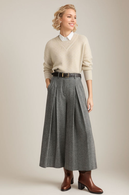 Pleated winter wide leg wool pants women TT0113