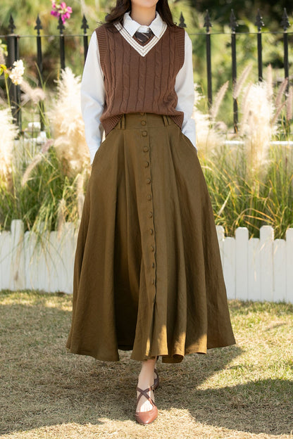 Army Green Linen Maxi Skirt: High Waist Button Front A-Line Swing Skirt, Ylistyle C5444