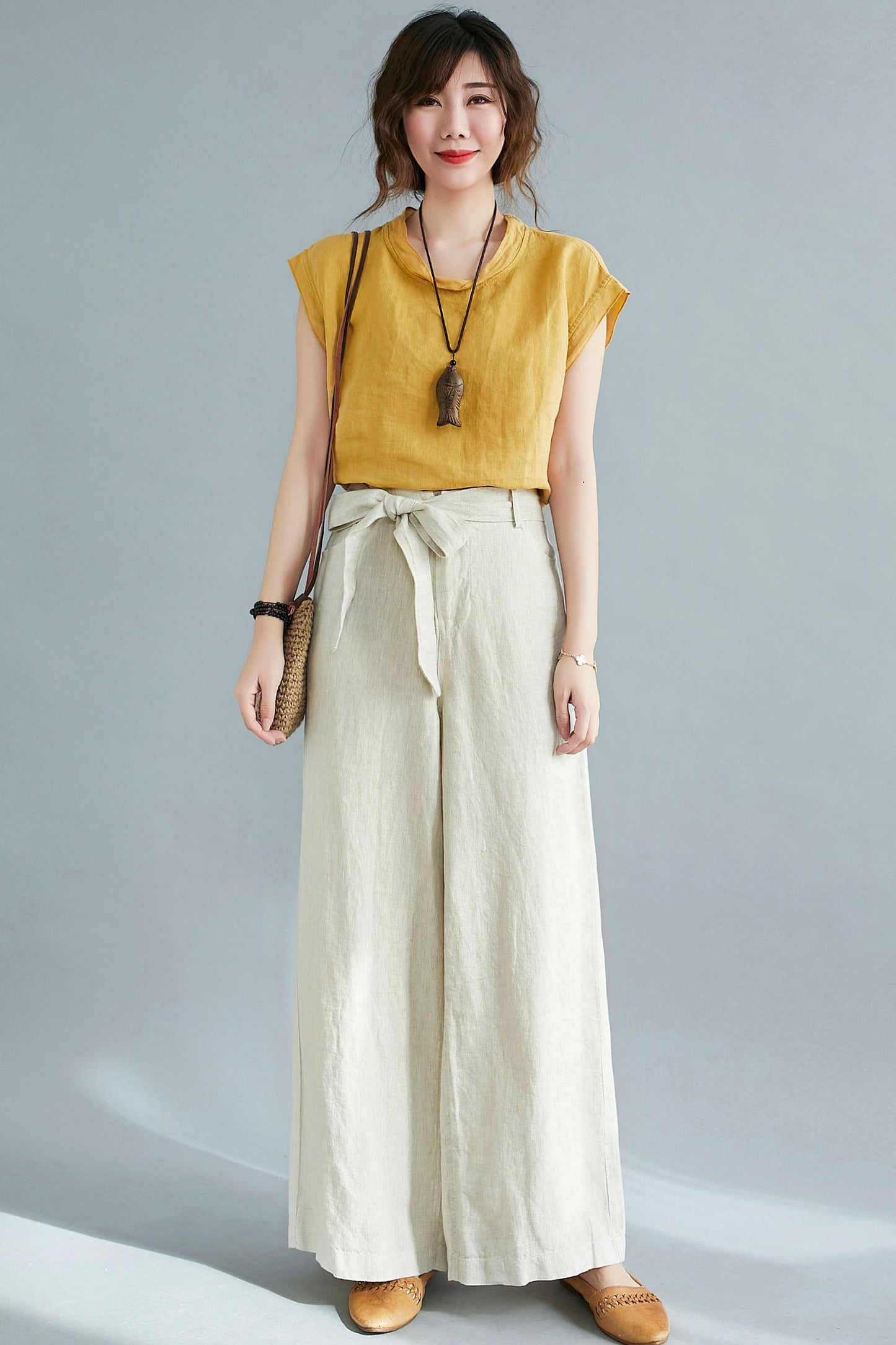 Wide leg beige Linen High Waist Long pants C2117