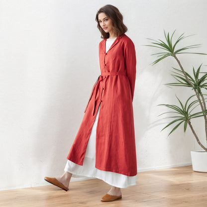 Orange red Long Linen Trench Coat C5416