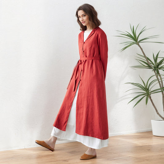 Orange red Long Linen Trench Coat C5416