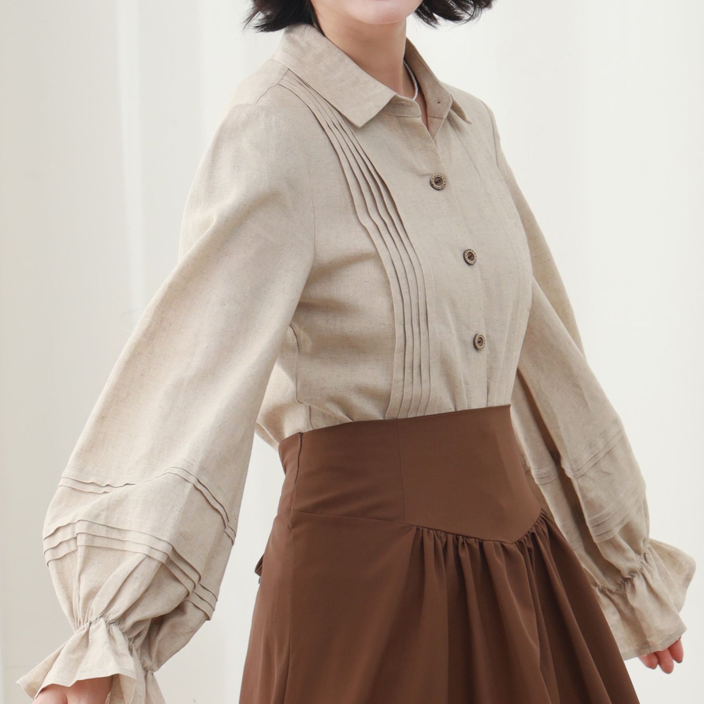 Beige Linen Blouse, Long Lantern Sleeve, Ruffle Detail, Ylistyle C5451