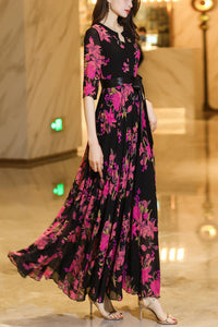 Summer black chiffon floral dress C4106