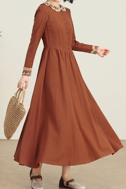 Vintage Regal Style Spring Rust Red Linen dress with Lace C4736