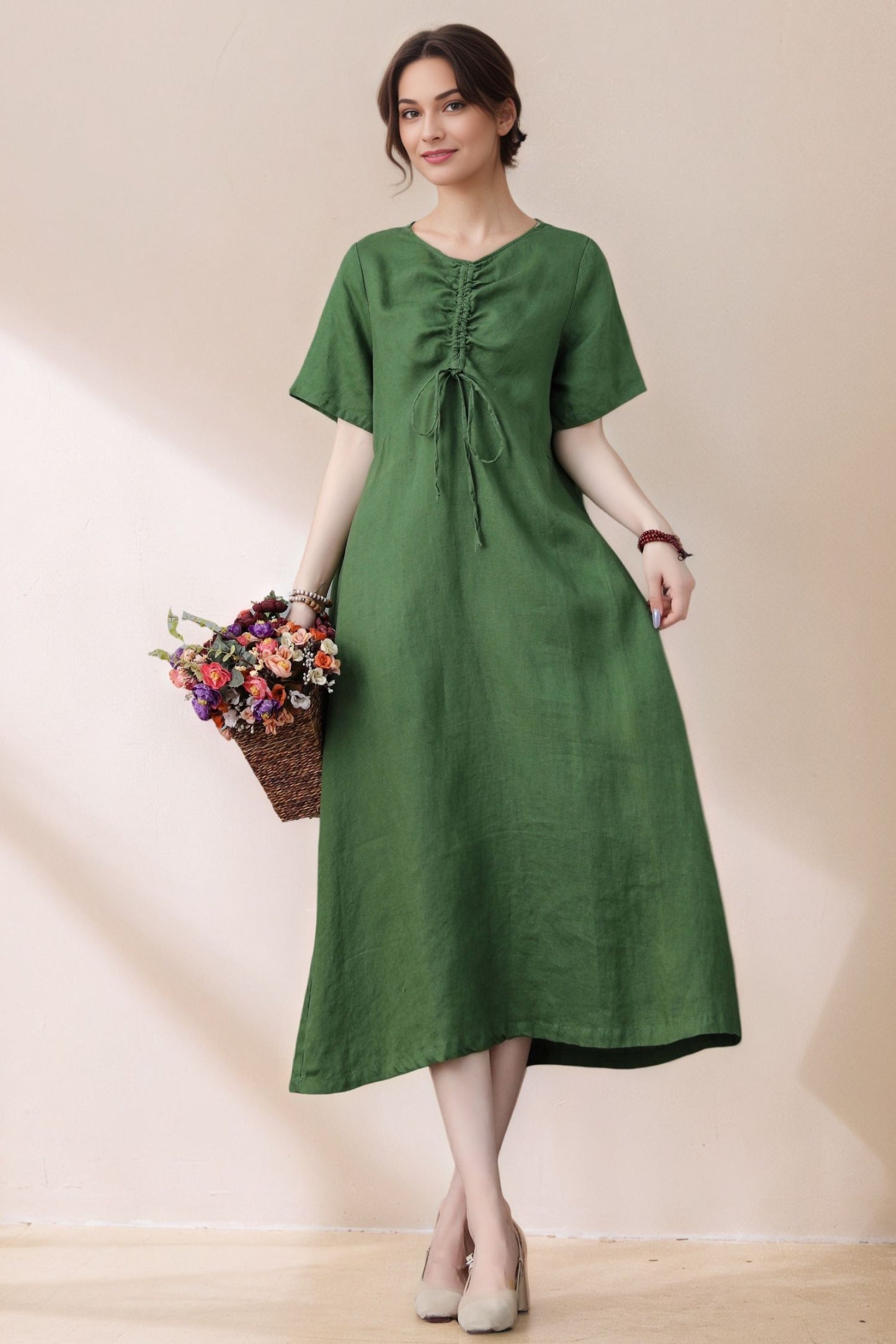 Light Green Linen Dress - Loose Fit Midi with Drawstring Detail c5390