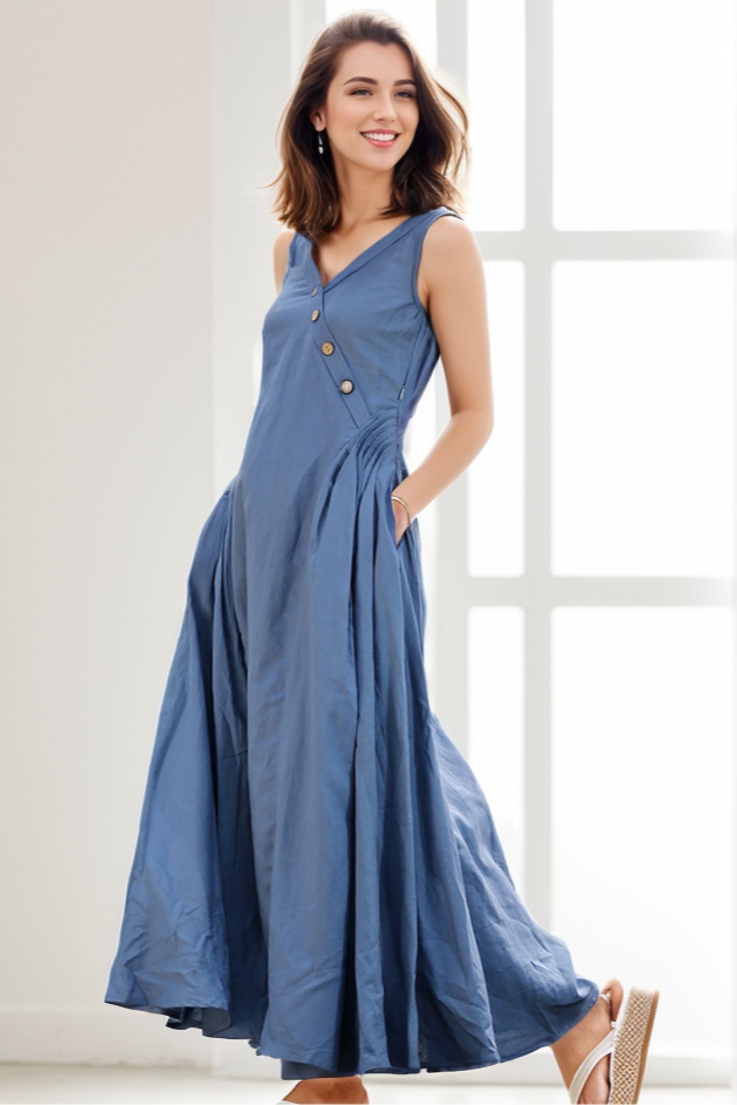 Blue Linen Maxi Dress