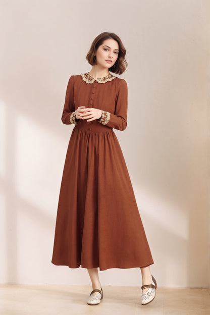 Vintage Regal Style Spring Rust Red Linen dress with Lace C5334