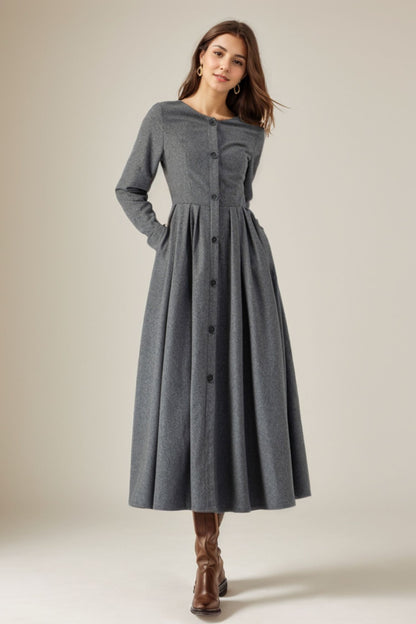 Midi Button Front Wool Dress C4319