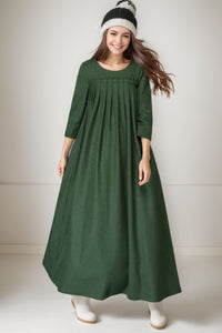 Green Wool winter maxi pleated dress C4273