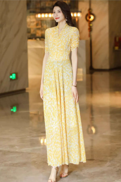 Yellow flower printed maxi chiffon dress C4927