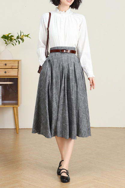 Grey Linen Swing Midi Skirt C4737