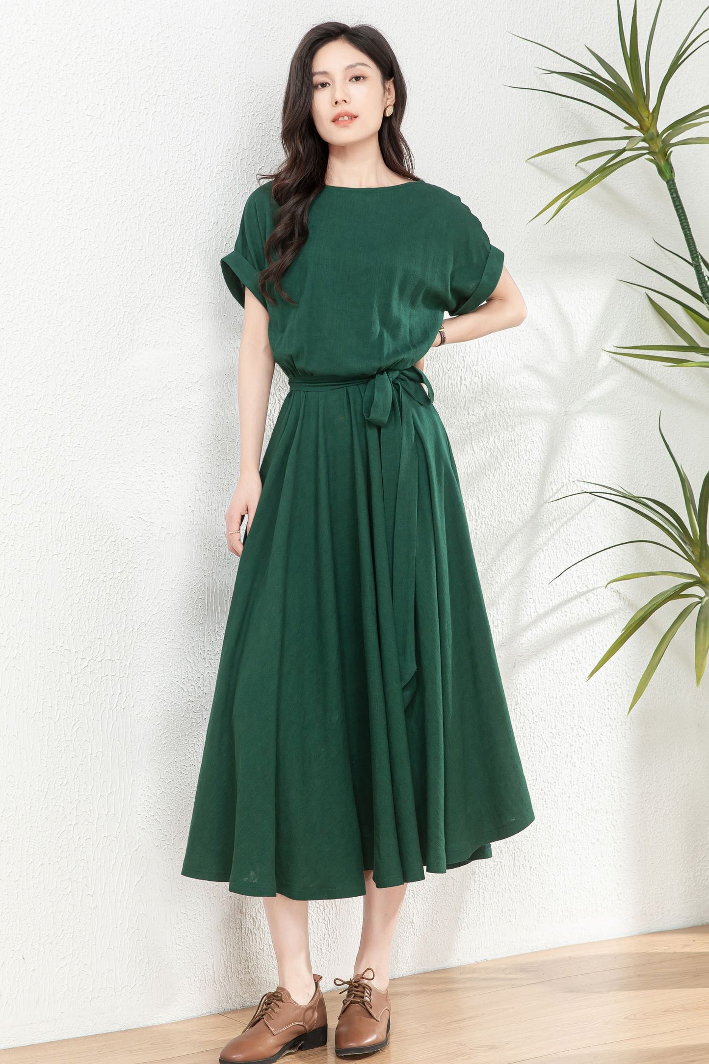 Linen midi swing green dress C4770