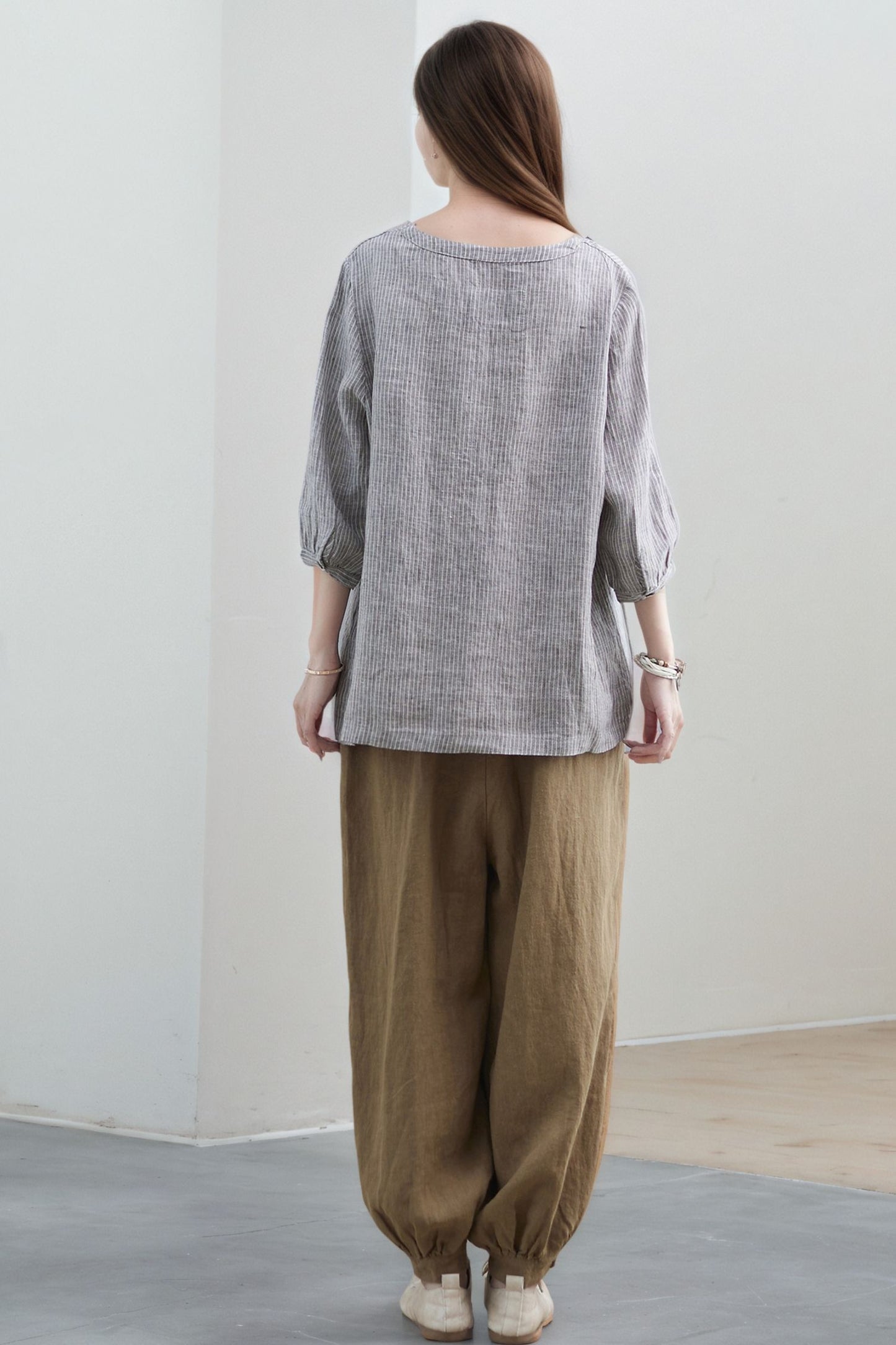 V-Neck Linen Blouse, Loose Fit Top C5318