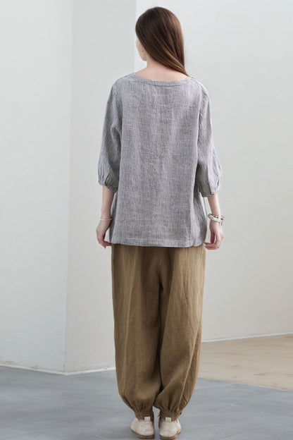 V-Neck Linen Blouse, Loose Fit Top C5318