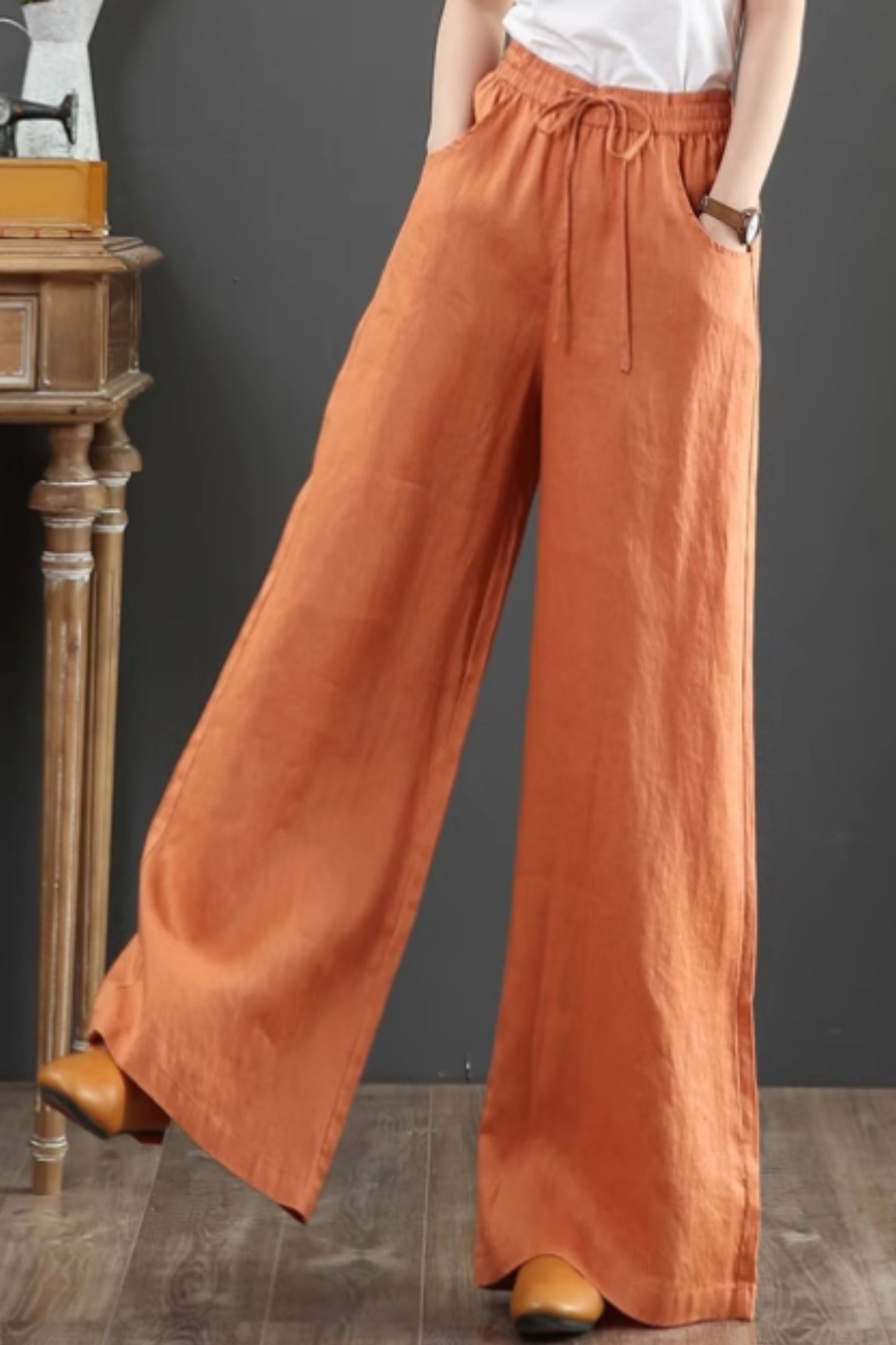 Long wide leg linen pants with drawstring waist C4428