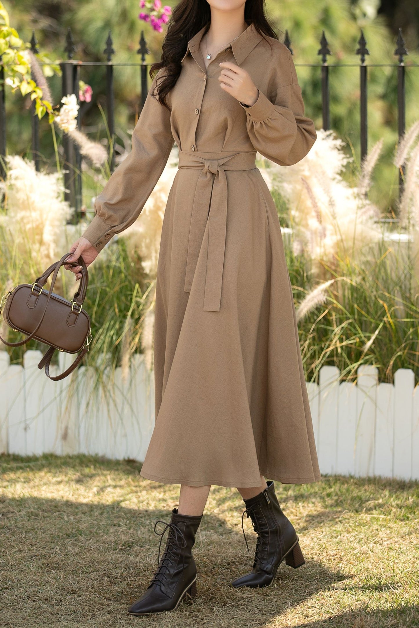 Khaki Linen Cotton Midi Shirt Dress – Casual Loose Fit Spring Dress for Women, Ylistyle C5439