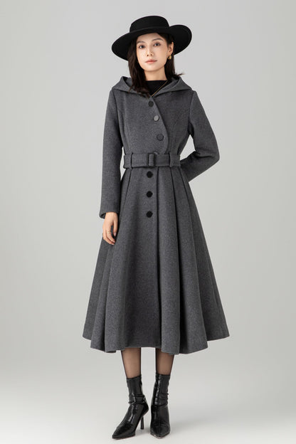 Swing gray long hooded wool coat C5269
