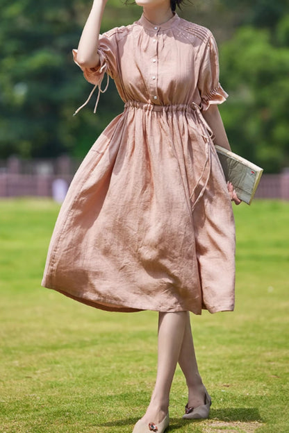Pink drawstring waist summer linen dress C5059
