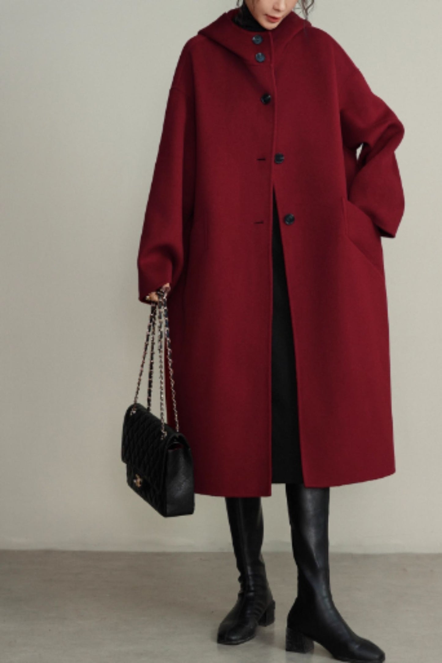 Burgundy hooded loose fitting wool coat C5355