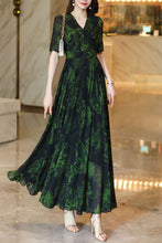 Load image into Gallery viewer, Dark green chiffon printed dress women summer C4122
