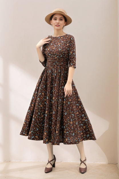 Vintage Inspired Floral Linen Midi Dress C5362