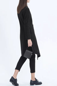 Patchwork long black wool coat women C4602