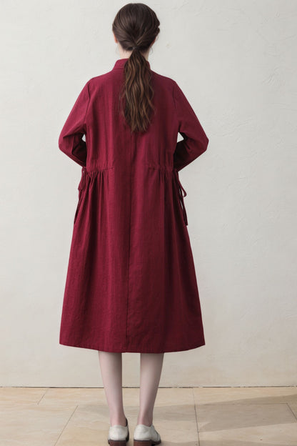 Burgundy Linen Shirt Dress - Long Sleeve Button-Front Midi with Drawstring Waist c5392