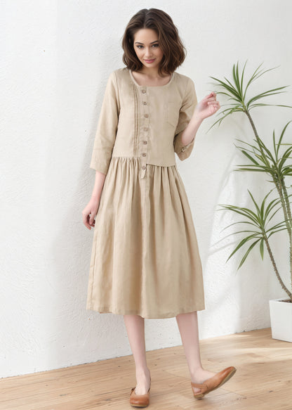 Khaki Women Asymmetrical Linen Maxi Dress C5417