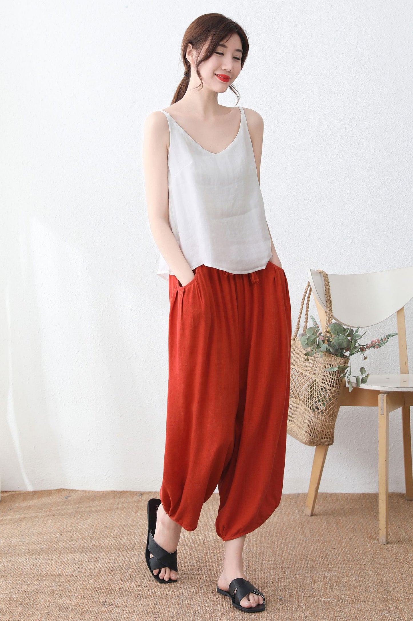 Orange Linen elastic waist drawstring pants C2332