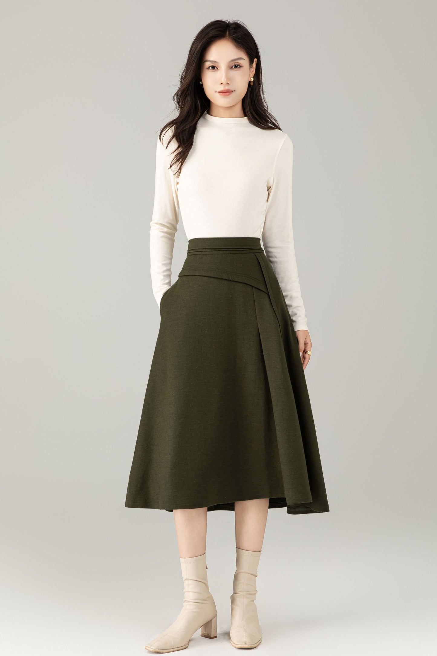 Green Wool Midi Skirt – A-Line Skirt with Pockets C5238