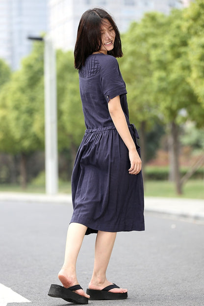 Casual Navy Blue Short-Sleeved Pleated Mid-Length Dress for Women C268