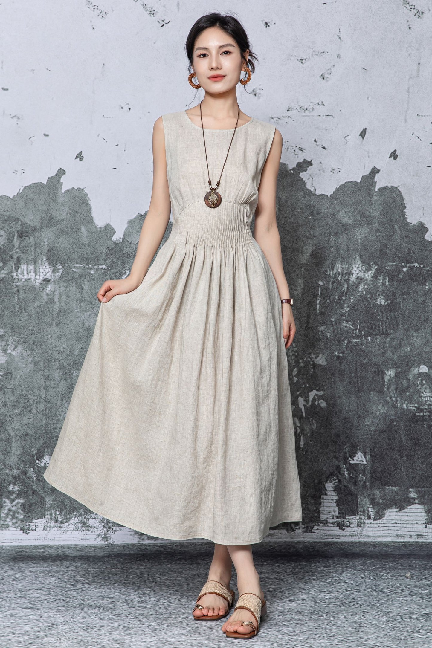 Natural Linen Maxi Dress - Sleeveless A-Line with Smocked Waist c5468