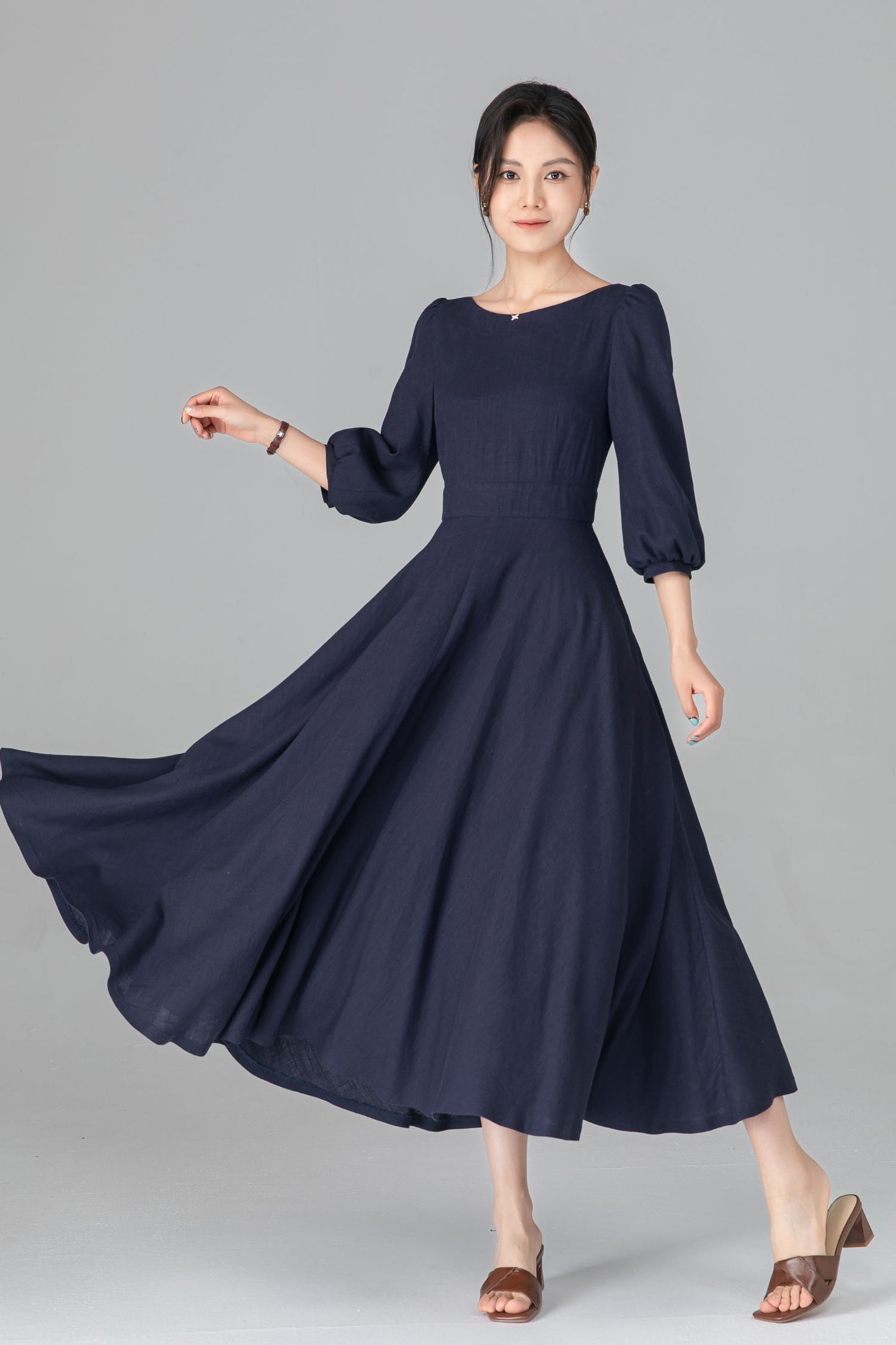 Navy Linen Cotton Midi Dress - A-Line Swing Dress with Boat Neck c5513