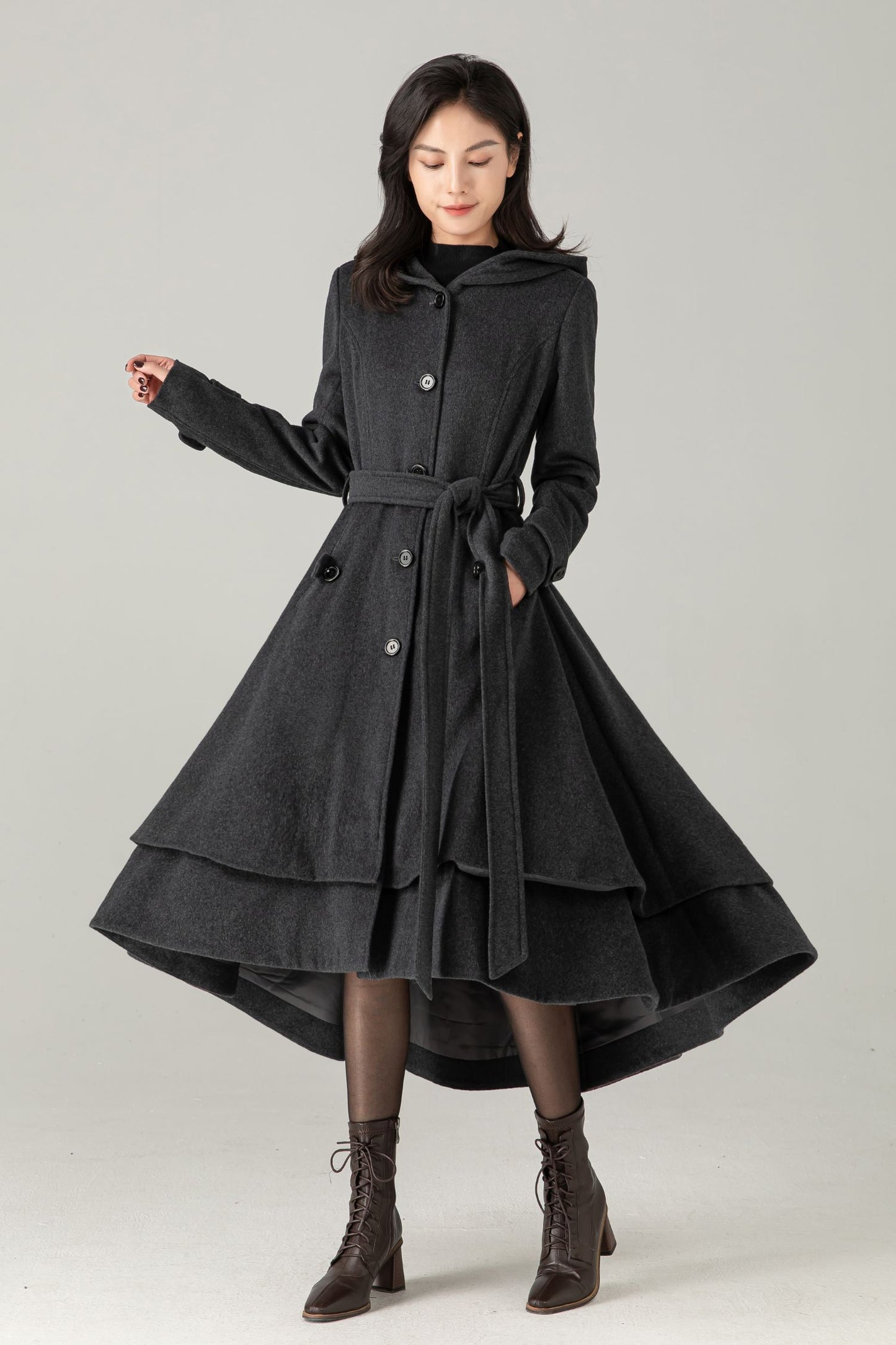 Gray Hooded Wool Blend Coat: Belted High-Low Maxi Swing Winter Overcoat, Ylistyle C5374