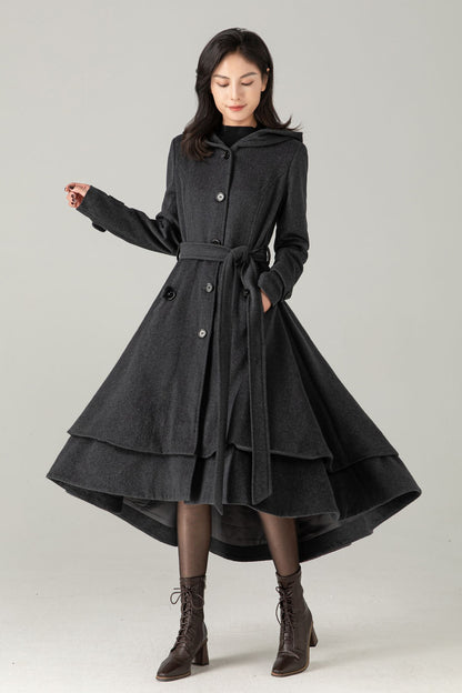 Gray Hooded Wool Blend Coat: Belted High-Low Maxi Swing Winter Overcoat, Ylistyle C5374