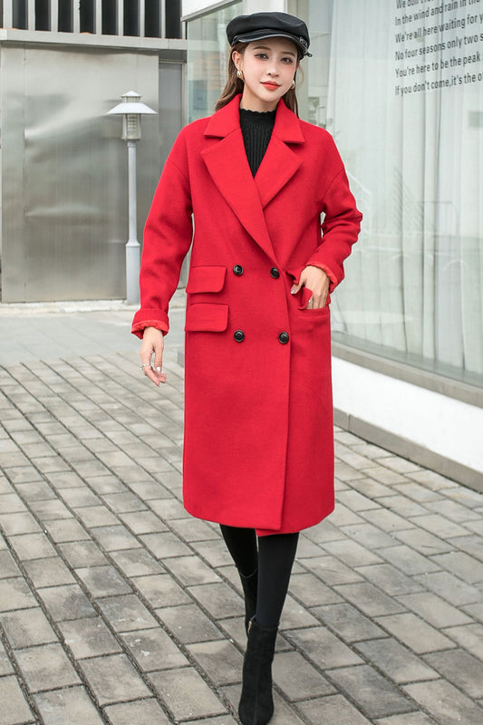 Wool Trench Red Coat Women C2569