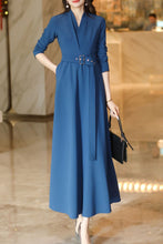 Load image into Gallery viewer, Women&#39;s blue spring and autumn V neck long dress C4187
