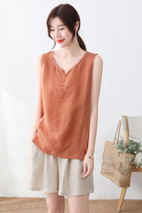 Sleeveless Summer organic linen Orange tops C2337