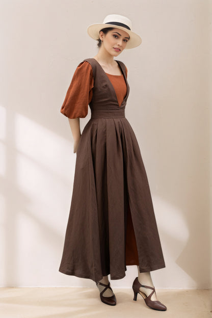 Long Linen pinafore dress C5366